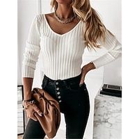 Women's T shirt Tee Black khaki White Plain Long Sleeve Daily Weekend Basic V Neck Regular S miniinthebox - thumbnail