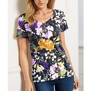 Women's T shirt Tee Floral Casual Holiday Yellow Pink Blue Print Short Sleeve Fashion V Neck Regular Fit Spring  Summer Lightinthebox