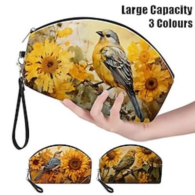 Women's Makeup Bag Pen Bag Wristlet Cosmetic Bag PU Leather Daily Holiday Travel Print Large Capacity Lightweight Durable Bird Flower Light Yellow Earth Yellow Yellow Lightinthebox