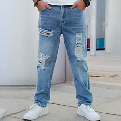 Men's Jeans Trousers Denim Pants Button Pocket Ripped Plain Comfort Breathable Outdoor Daily Going out Fashion Casual Blue miniinthebox