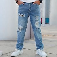 Men's Jeans Trousers Denim Pants Button Pocket Ripped Plain Comfort Breathable Outdoor Daily Going out Fashion Casual Blue miniinthebox