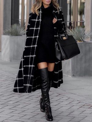 Black Plaid Belt Design Tartan Long Sleeves Coat Black Plaid Belt Design Tartan Long Sleeves Coat