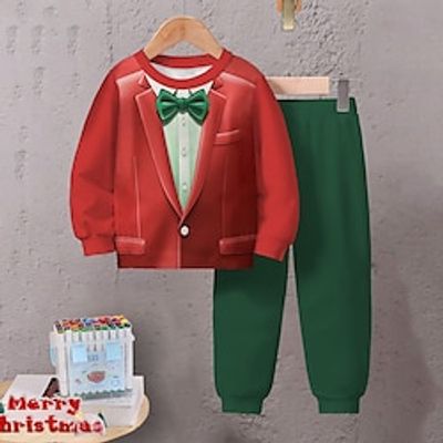 Christmas Boys 3D Bow tie Sweatshirt  Pants Set Long Sleeve 3D Printing Fall Winter Active Fashion Cool Polyester Kids 3-12 Years Crew Neck Outdoor Street Vacation Regular Fit Lightinthebox