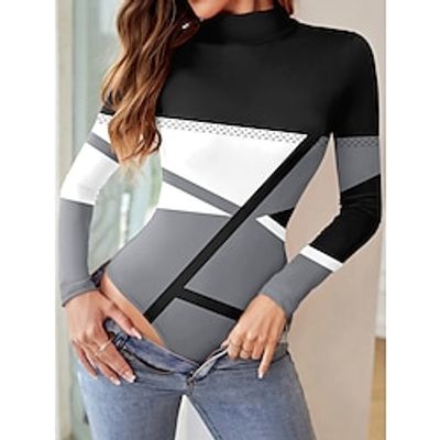 Women's Bodysuit Print Geometric Stand Collar Ordinary Daily Weekend Bodycon Long Sleeve White Blue Gray S M L All Seasons Lightinthebox