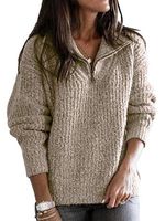 V Neck Zips Plain Long Sleeve Knit Pullover - thumbnail
