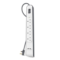 Belkin 4 Way- 4 Plug Surge Protection Extension Lead Strip with 2 x 2.4 A Shared USB Charging Port, 2 m Cable, White