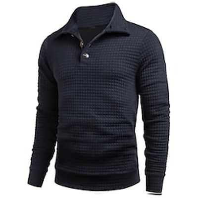 Men's Polo Shirt Waffle Polo Shirt Casual Sports Lapel Long Sleeve Fashion Basic Plain Button Knitted Spring   Fall Regular Fit Black Army Green Navy Blue Polo Shirt Lightinthebox