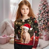 Christmas Girls' 3D Cat Tee Shirt Long Sleeve 3D Print Fall Winter Active Fashion Cute Polyester Kids 3-12 Years Crew Neck Outdoor Casual Daily Regular Fit miniinthebox