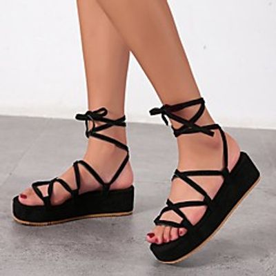 Women's Sandals Flat Heel Square Toe PU Solid Colored Khaki Orange Black miniinthebox