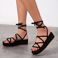 Women's Sandals Flat Heel Square Toe PU Solid Colored Khaki Orange Black miniinthebox - thumbnail