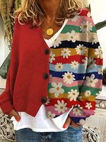 Women's Floral Color Print Contrast V-Neck Fleece Knitted Cardigan