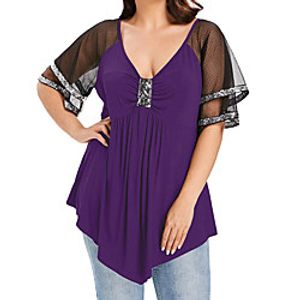 Women's Plus Size Tops T shirt Solid Color Ruffle Lace Short Sleeve Deep V Casual Blue Purple Red Wine Big Size XL XXL 3XL 4XL 5XL Lightinthebox