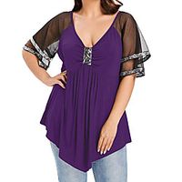 Women's Plus Size Tops T shirt Solid Color Ruffle Lace Short Sleeve Deep V Casual Blue Purple Red Wine Big Size XL XXL 3XL 4XL 5XL Lightinthebox - thumbnail