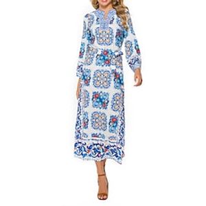 Women's Sheath Dress Boho Dress Long Dress Maxi Dress Blue Long Sleeve Floral Lace up Fall Spring Autumn V Neck Winter Dress Weekend Fall Dress Loose Fit S M L XL XXL miniinthebox