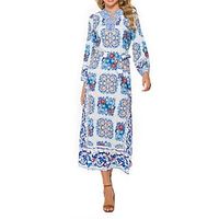 Women's Sheath Dress Boho Dress Long Dress Maxi Dress Blue Long Sleeve Floral Lace up Fall Spring Autumn V Neck Winter Dress Weekend Fall Dress Loose Fit S M L XL XXL miniinthebox - thumbnail