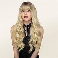 Ombre Blonde Wig with Bangs Long Wavy Wigs for Women Long Blonde Wig with Dark Roots Natural Heat Resistant Synthetic Hair Wig with Bangs for Daily Party Use miniinthebox