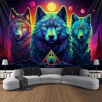 Blacklight Tapestry UV Reactive Glow in the Dark Wolves Animal Trippy Misty Nature Landscape Hanging Tapestry Wall Art Mural for Living Room Bedroom miniinthebox