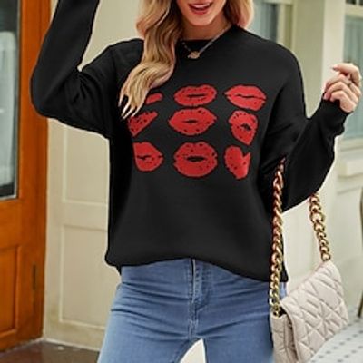 Women's Pullover Sweater Jumper Crew Neck Cable Knit Polyester Acrylic Knitted Fall Winter Regular Outdoor Going out Valentine Streetwear Stylish Casual Long Sleeve Graphic Black Pink Red S M L Lightinthebox
