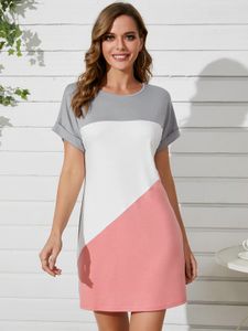 YOINS White Round Neck Color Block Short Sleeves Mini Dress