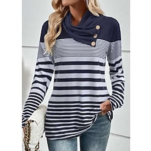 Women's T shirt Tee Striped Navy Blue Button Print Long Sleeve Daily Weekend Fashion V Neck Regular Fit Spring   Fall Lightinthebox