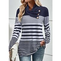 Women's T shirt Tee Striped Navy Blue Button Print Long Sleeve Daily Weekend Fashion V Neck Regular Fit Spring   Fall Lightinthebox - thumbnail
