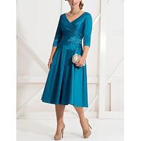 A-Line Mother of the Bride Dress Wedding Guest Elegant Vintage V Neck Tea Length Satin Polyester 3/4 Length Sleeve with Ruched Appliques Flower blue wedding guest dress 2024 Lightinthebox