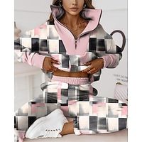 Women's Sweatshirt Tracksuit Pants Sets Plaid Black Pink Print Zipper Long Sleeve Outdoor Casual Sports Daily Stand Collar Regular Fit Fall  Winter Lightinthebox - thumbnail