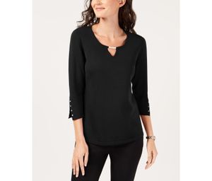 Womens Buttoned Cuff Keyhole Top  Black