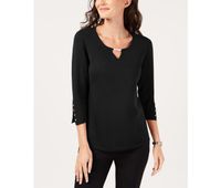 Womens Buttoned Cuff Keyhole Top  Black - thumbnail