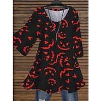 Women's Plus Size Tops Blouse Shirt Skull Pumpkin Print 34 Length Sleeve Crewneck Casual Halloween Halloween Daily Cotton Spandex Jersey Fall Winter Yellow Red Lightinthebox - thumbnail