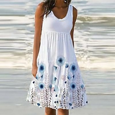 Women's Shift Dress Knee Length Dress White Sleeveless Floral Pocket Print Spring Summer U Neck Casual Vacation 2022 S M L XL XXL 3XL Lightinthebox