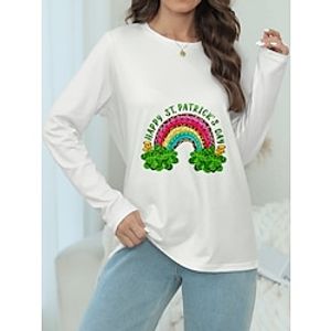 Women's T shirt Tee Rainbow Shamrock St.Patrick's Day Holiday Black White Green Print Long Sleeve Fashion Round Neck Regular Fit Spring Lightinthebox