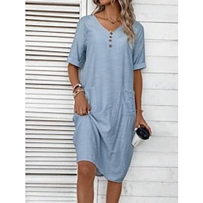 Women's Casual Dress Cotton Linen Dress Midi Dress Linen Cotton Blend Basic Casual Daily Date Weekend V Neck Button Pocket Short Sleeve Summer Spring 2023 Loose Fit Blue Plain S M L XL 2XL Lightinthebox