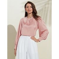 Women's Blouse Satin Solid / Plain Color Casual Daily Weekend Puff Sleeve Pink pearl Long Sleeve Round Spring Fall Lightinthebox