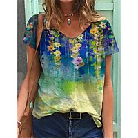 Women's Floral Theme 3D Printed T shirt Floral Patchwork Print V Neck Basic Tops Blue miniinthebox - thumbnail