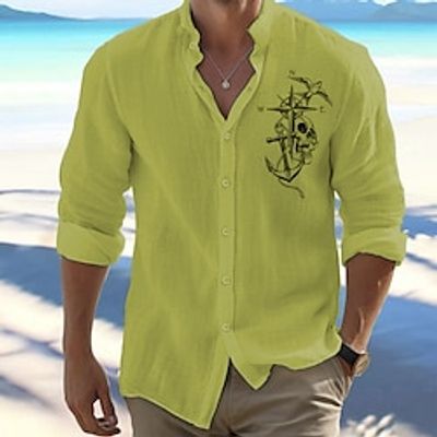 Anchor Skulls Casual Men's Shirt Linen Shirt Button Up Shirt Outdoor Daily Wear Vacation Spring   Fall Standing Collar Long Sleeve White, Pink, Orange S, M, L Linen Cotton Blend Shirt Lightinthebox