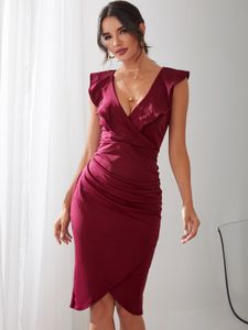Burgundy Crossed Front Design Zip Side Ruffle V-neck Midi Dress