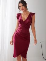 Burgundy Crossed Front Design Zip Side Ruffle V-neck Midi Dress - thumbnail