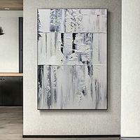 Hand Painted Oil Painting White Black Texture Geometric Minimalist Abstract Modern Handmade Knife Artwork Paintings On Canvas Wall Art For Home Office Deco Stretched Frame Ready to Hang Lightinthebox