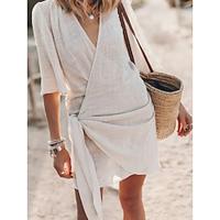 Women's Casual Dress Cotton Linen Dress Wrap Dress Mini Dress Linen Cotton Blend Ruched Basic Modern Daily Weekend V Neck Half Sleeve Summer Spring Yellow Pink Sky Blue Plain Lightinthebox