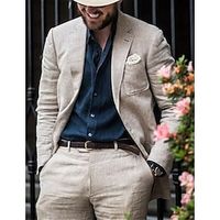 Beige Men's Beach Wedding Linen Suits Solid Colored 2 Piece Fashion Casual Tailored Fit Single Breasted Two-buttons 2023 miniinthebox