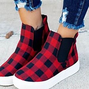 Women's Flats Canvas Shoes Flat Heel Round Toe Canvas Check Black  Red Lightinthebox