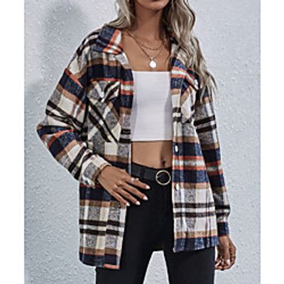 Women's Jacket Print Patchwork Fall  Winter Notch lapel collar Regular Daily Long Sleeve Polyster Coat Tops Brown Lightinthebox
