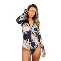 Women's One Piece Swimsuit Rash Guard Spandex Bodysuit Bathing Suit UV Sun Protection UPF50 Breathable Stretchy Long Sleeve Front Zip - Swimming Surfing Beach Water Sports Floral Autumn / Fall miniinthebox - thumbnail