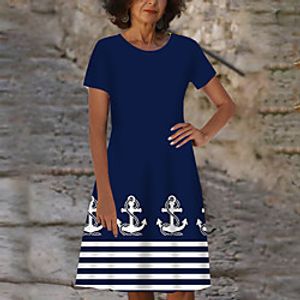 Women's T Shirt Dress Tee Dress Knee Length Dress Navy Blue Short Sleeve Striped Print Color Block Print Spring Summer Round Neck Casual Holiday 2021 S M L XL XXL 3XL Lightinthebox