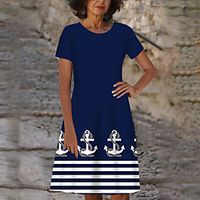 Women's T Shirt Dress Tee Dress Knee Length Dress Navy Blue Short Sleeve Striped Print Color Block Print Spring Summer Round Neck Casual Holiday 2021 S M L XL XXL 3XL Lightinthebox - thumbnail