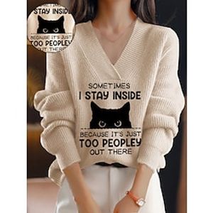 Women's Pullover Sweater Jumper Casual Sweater V Neck Ribbed Knit Polyester Knitted Print Fall Winter Regular Outdoor Going out Weekend Daily Stylish Casual Long Sleeve Animal Letter White Wine Khaki Lightinthebox