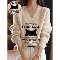 Women's Pullover Sweater Jumper Casual Sweater V Neck Ribbed Knit Polyester Knitted Print Fall Winter Regular Outdoor Going out Weekend Daily Stylish Casual Long Sleeve Animal Letter White Wine Khaki Lightinthebox - thumbnail