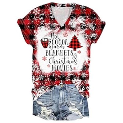 Christmas Shirt Women's T shirt Tee Plaid Santa Claus Christmas Tree Wine Red Print Short Sleeve Party Christmas Weekend Festival  Holiday V Neck Regular Fit Summer Lightinthebox