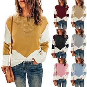 Women's Shirt Blouse Light Blue claret turmeric Color Block Crochet Long Sleeve Casual Basic Round Neck Regular S miniinthebox